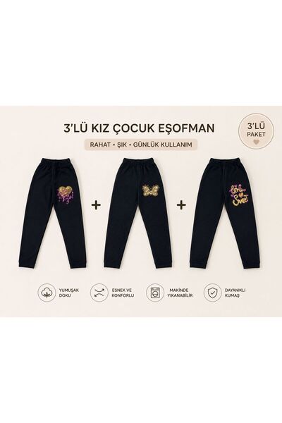 asyagiyimavm25 Kız Çocuk 3'lü Eşofman Altı Takımı - Pamuklu, Esnek ve Sim Bas...