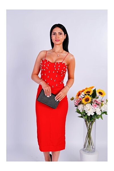 VERO Elegant midi dress, red, with rhinestones - suitable for events