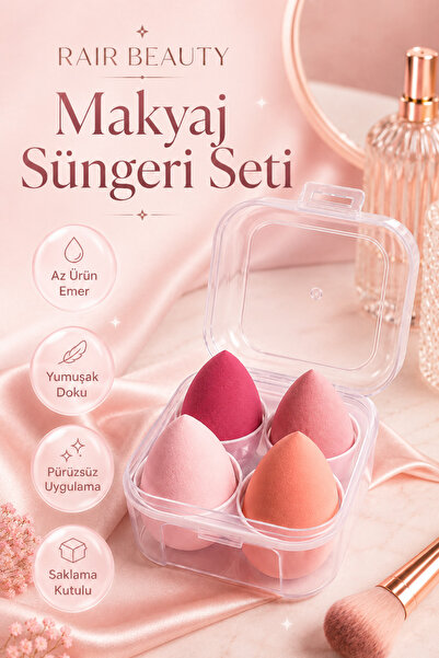 RAİR BEAUTY 4'lü Makyaj Süngeri Seti Saklama Kutulu Sünger Seti