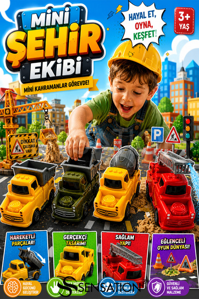 sensatıon City Heroes 4-Piece Toy Car Set - Construction Fleet with Movable Dump Truck and Mixer - Tiny Giants: 4-Piece Construction and Utility Vehicle Set, 11X5.5 cm