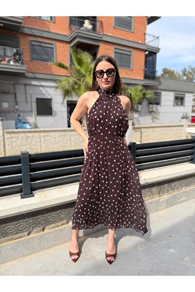 ASL WOMAN Women's Brown Polka Dot Pleated Midi Dress Halter Neck Chiffon Dress