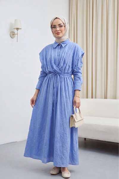 Modamorfo Half-Buttoned, Elastic Waist, Lace Detail, Lined Linen Dress - Blue