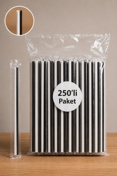 ardin Beşiktaş Colored Straws 250 Pieces 8 mm 24 cm Individually Packaged Gelatinized Black and White Straws