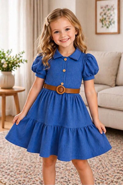 Kuzucuk Kids Bebek Çocuk Butik Kız Çocuk Mavi Kemer Detaylı Elbise