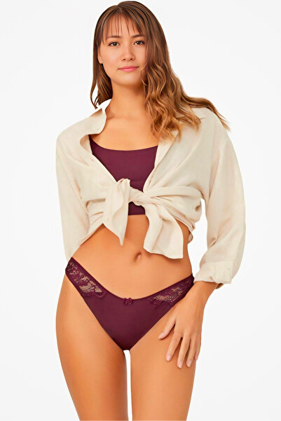 Homay Lace Waist Detailed Laser Cut Brazilian Panties - One Piece