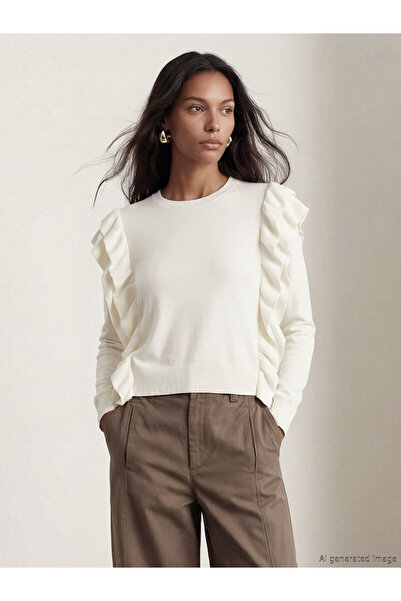 LC Waikiki Nevavm Women's Knitwear Sweater with Oval Collar and Ruffle Detail
