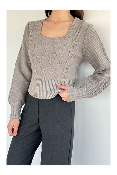 LC Waikiki Nevavm Square Collar Knitted Patterned Women's Sweater with a Diff...
