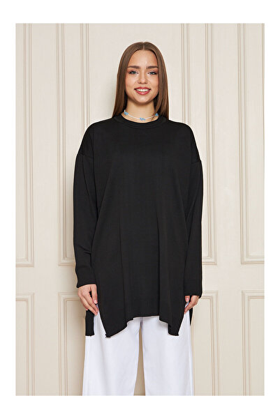 LC Waikiki Nevavm Women's Oval Collar Slit Oversize Black Knitwear Sweater
