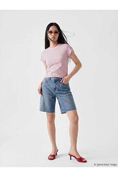LC Waikiki Nevavm High Waist Bermuda Fit Women's Jean Shorts with Difference