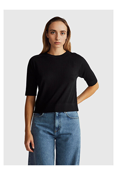 LC Waikiki Nevavm Women's Black 100% Wool Oval Collar Short Sleeve Sweater wi...