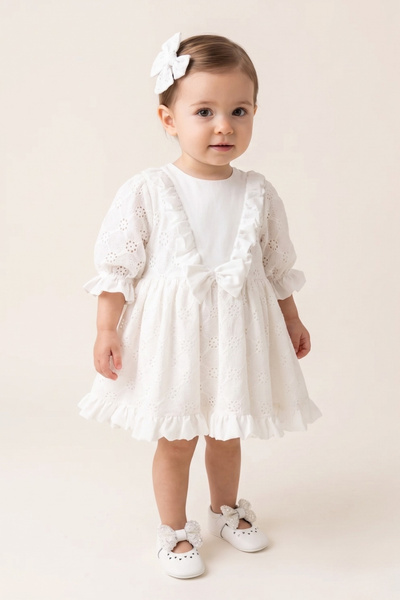 Le Mabelle White Long Sleeve Scallop Baby Girl Dress - Adele