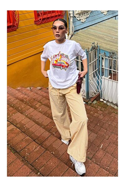 LC Waikiki Nevavm Yellow Adjustable Waist Plaid Wide Leg Women's Trousers Mg2335