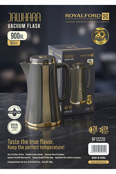 ROYALFORD قارورة زجاجية مفرغة الهواء سعة 900 مل طراز RF13220 للحفاظ على حرارة...