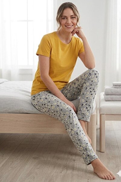 VİP BERA TEKSTİL Kadın Sarı Çiçek Baskılı Esnek Yapılı Pamuklu Penye Pijama Altı