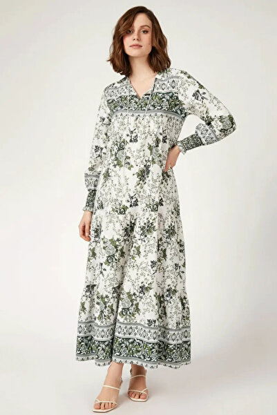 buğrahayalin Women's Shirt Collar Cuffed Sleeve Floral Patterned Viscose Khak...
