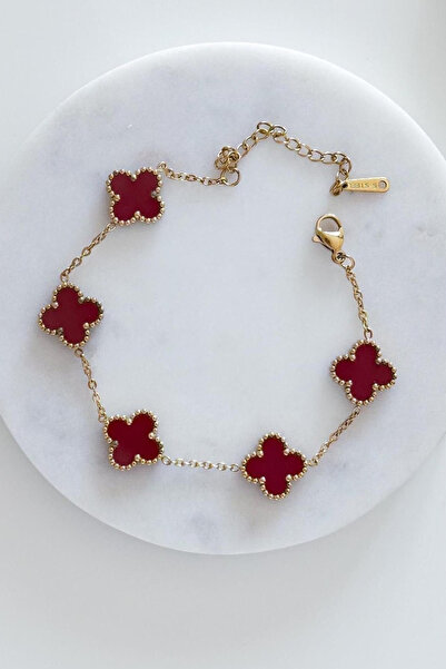 AURRARİ Gold Claret Red Natural Stone Premium Steel Bracelet