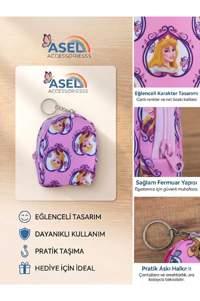 Aselaksesuarr Karakter Baskılı Kancalı Mini Kız Çocuk Cüzdanı ve Çanta Aksesu...