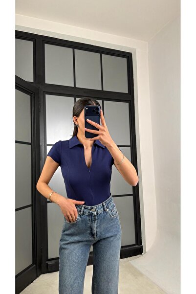 GAUS CO Navy Blue Polo Collar Zippered Basic Blouse Gaus-01467