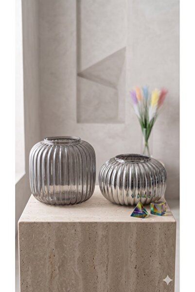 LeylArt Set de 2 vaze decorative din sticlă cu dungi, afumate