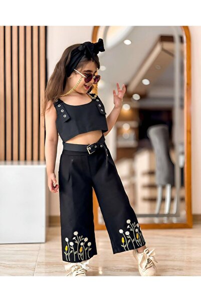Sy Store Girl's Embroidery Detailed Crop Top and Wide-Leg Pants Set