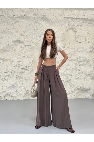 LE CARAMBOLE Women's Brown High Waist Velcro Detailed Wide Leg Palazzo Trousers