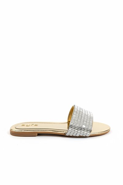 SHOEBELLAS Kret Gold Gümüş Taş Detaylı Kadın Terlik