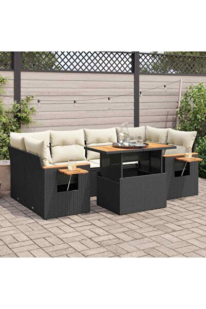 vidaxl Set canapele gradina perne 7 piese negru, poliratan/lemn acacia
