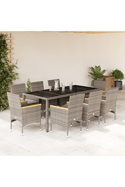 vidaxl Set mobilier de gradina cu perne 9 piese gri poliratan & sticla