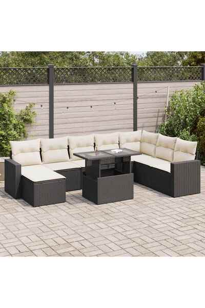 vidaxl Set mobilier de gradina cu perne, 9 piese, negru, poliratan