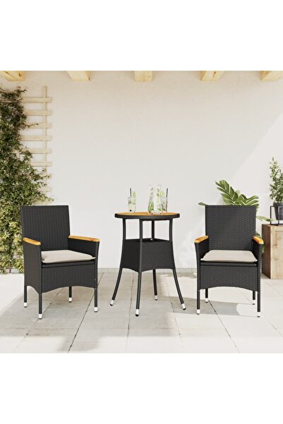 vidaxl Set mobilier gradina perne 3 piese negru poliratan/lemn acacia