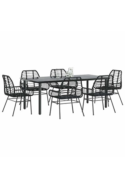 vidaxl Set de sufragerie de gradina 7 piese sticla neagra polirattan