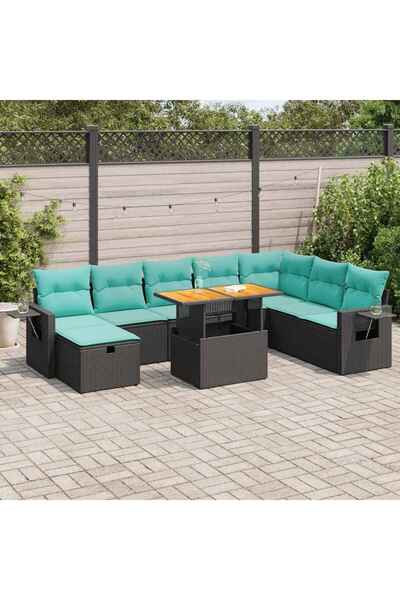 vidaxl Set mobilier gradina perne 9 piese negru poliratan/lemn acacia