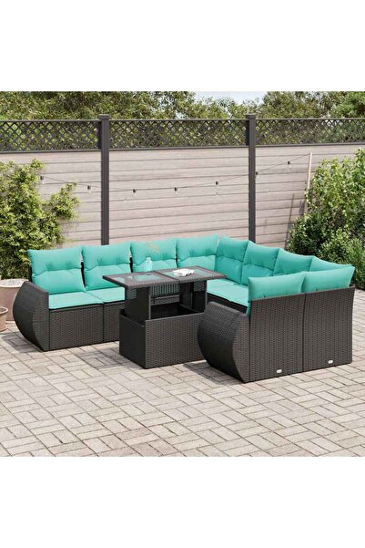 vidaxl Set mobilier gradina perne 9 piese negru poliratan/lemn acacia
