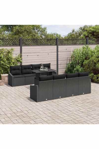 vidaxl Set de canapele pentru gradina cu perna 9 pcs Negru poliratan