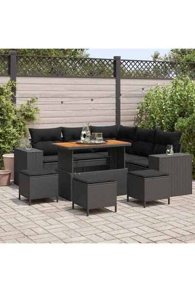 vidaxl Set de canapele pentru gradina cu perna 9 pcs Negru poliratan