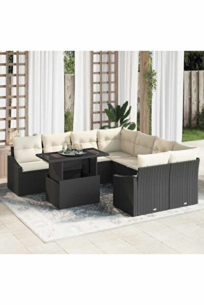 vidaxl Set de canapele pentru gradina cu perna 9 pcs Negru poliratan