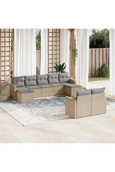 vidaxl Set canapele de gradina, 9 piese, cu perne, bej, poliratan