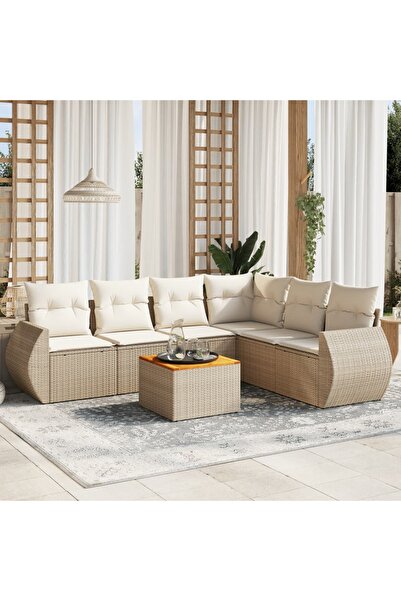 vidaxl Set canapele de gradina, 7 piese, cu perne, bej, poliratan