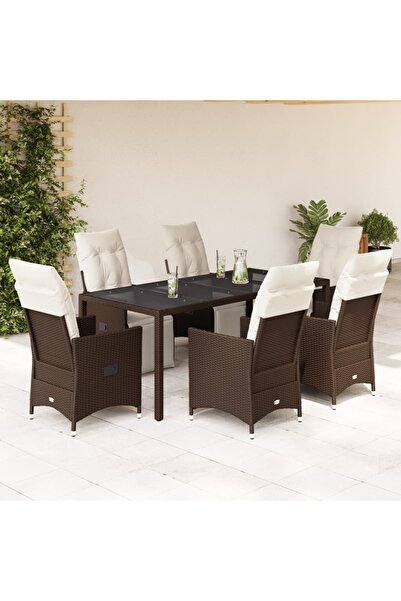 vidaxl Set bistro de gradina cu perne, 7 piese, maro, poliratan