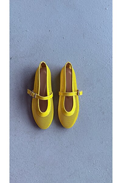 Eataly Shoes Cody Yellow Big Mesh Belt Detailed Ballerinas