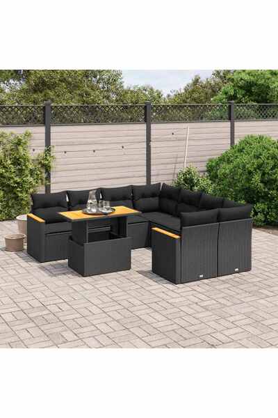 vidaxl Set mobilier de gradina cu perne, 9 piese, negru, poliratan