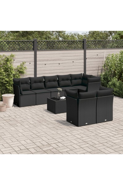 vidaxl Set mobilier de gradina cu perne, 9 piese, negru, poliratan