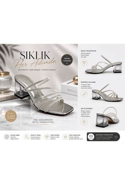 KuMsaL Butik Ayakkabı Stylish Women's Slippers with Stripe Stones and 3 Strips and Transparent Heels
