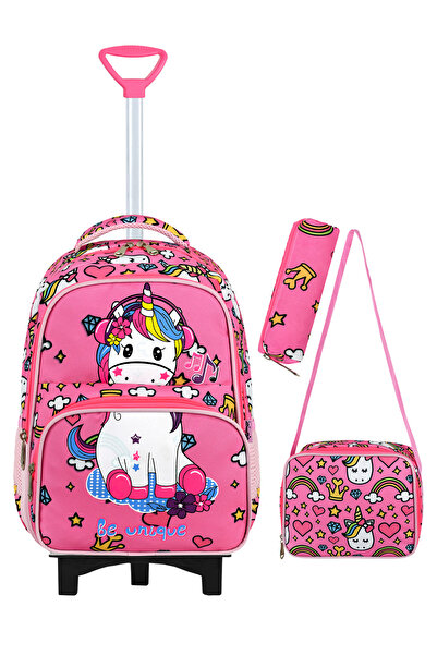 YOUOY Pembe Unicorn Çekçek 3 lü İlkokul Çanta seti - Sabit Çekçek mekanizması...