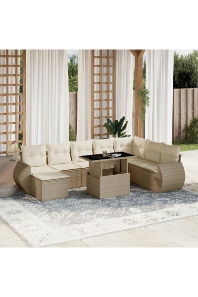 vidaxl Set canapele de gradina, 9 piese, cu perne, bej, poliratan