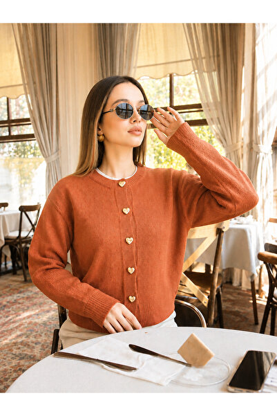 orjinal blue b Women's Knitwear Cardigan with Heart Button Detail