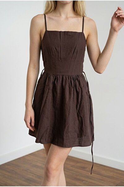 Gzu Collection Kahve Rengi Keten Elbise