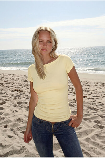 100% Cotton Ultra Soft Slim Fit Flexible Textured BOAT Neck SOFT YELLOW Women's T-Shirt