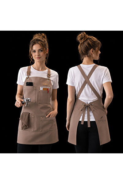 wren texstıl Barista önlüğü çapraz askılı metal aksesuarlar deri detaylar