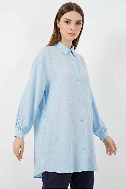 buğrahayalin Women's Shirt Collar Textured Oversize Viscose Blue Tunic